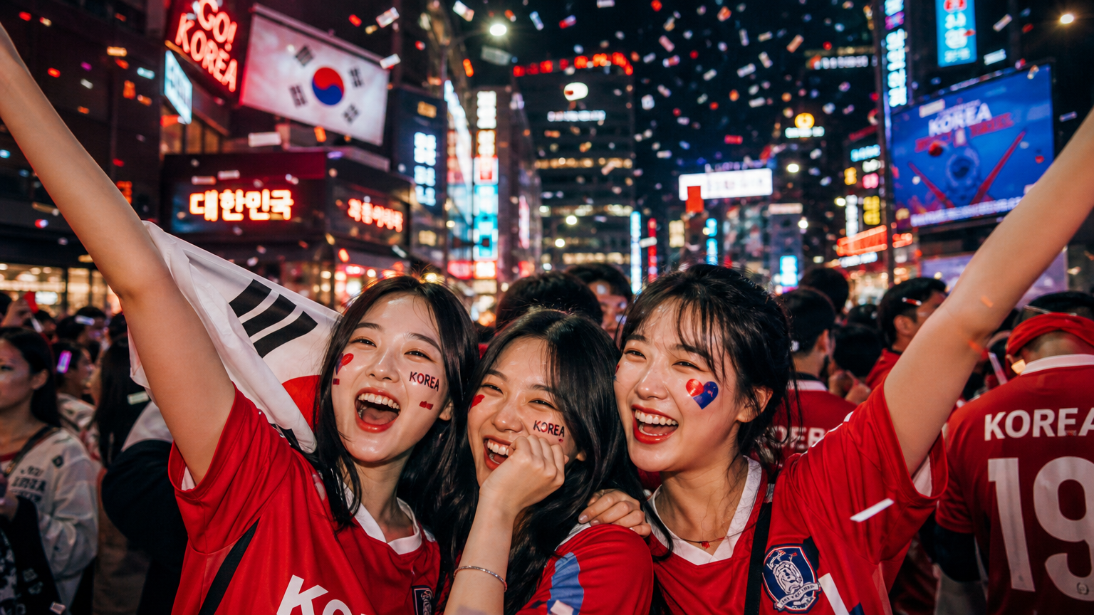 국제 스포츠 이벤트 중 팀을 응원하는 사람들로 북적이는 거리 축제 분위기