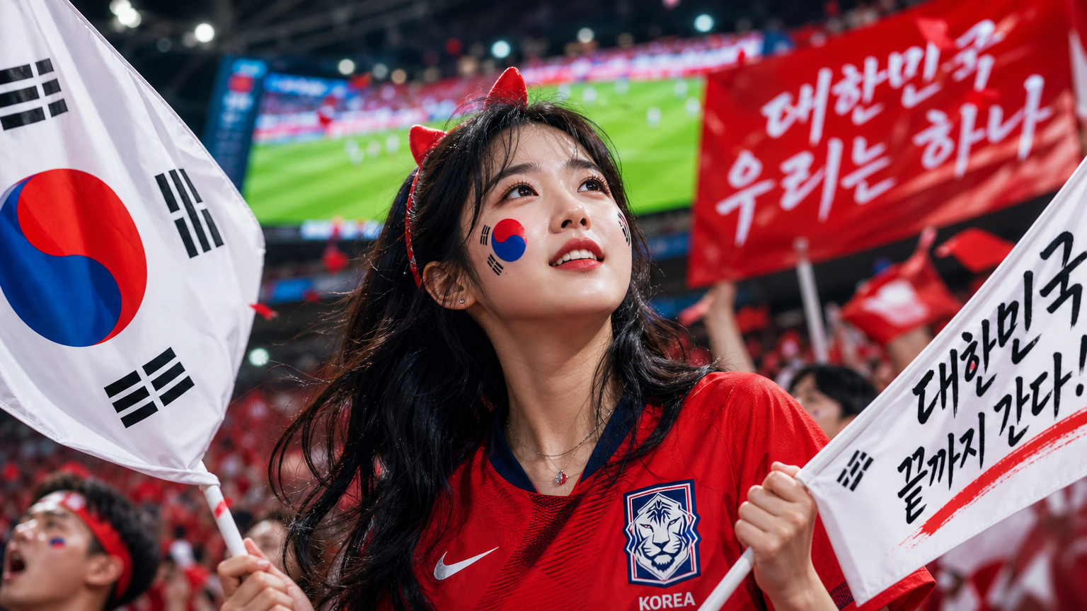팀 색상과 페이스 페인팅으로 응원하며 경기를 보는 팬의 역동적인 모습