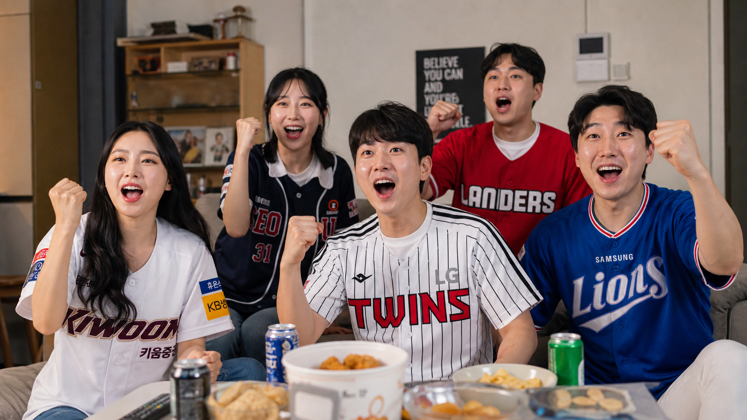 현대 한국 야구 팬들이 집에서 TV로 경기를 시청하며 응원하는 모습
