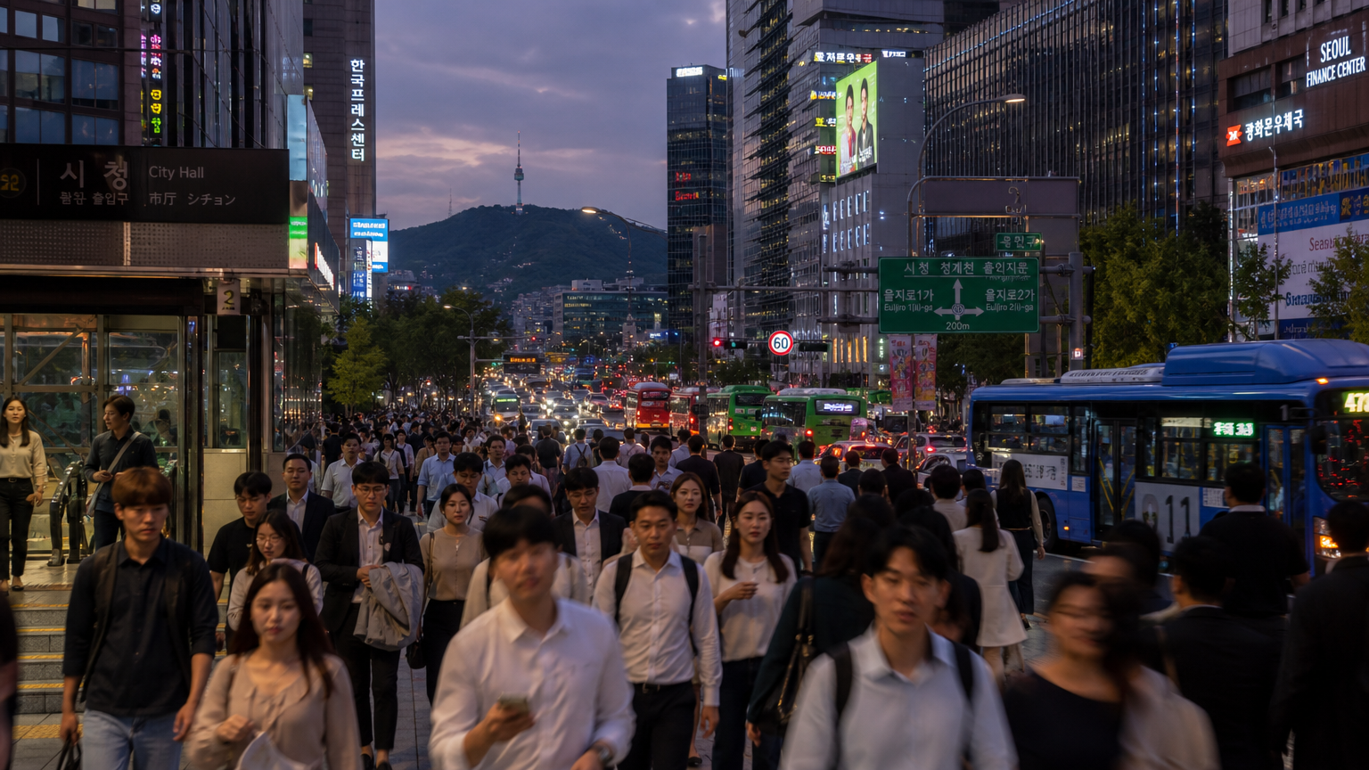 서울 도심 속 바쁜 직장인들이 짧은 추석 연휴를 위해 귀가하는 저녁 풍경