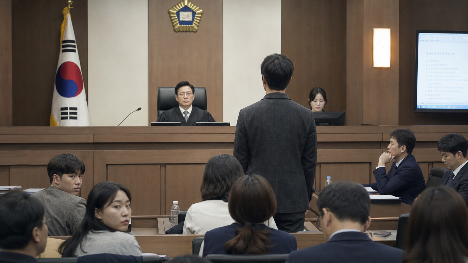 한국 법정에서 젊은 남성 배우가 재판을 받고 있는 긴장된 장면
