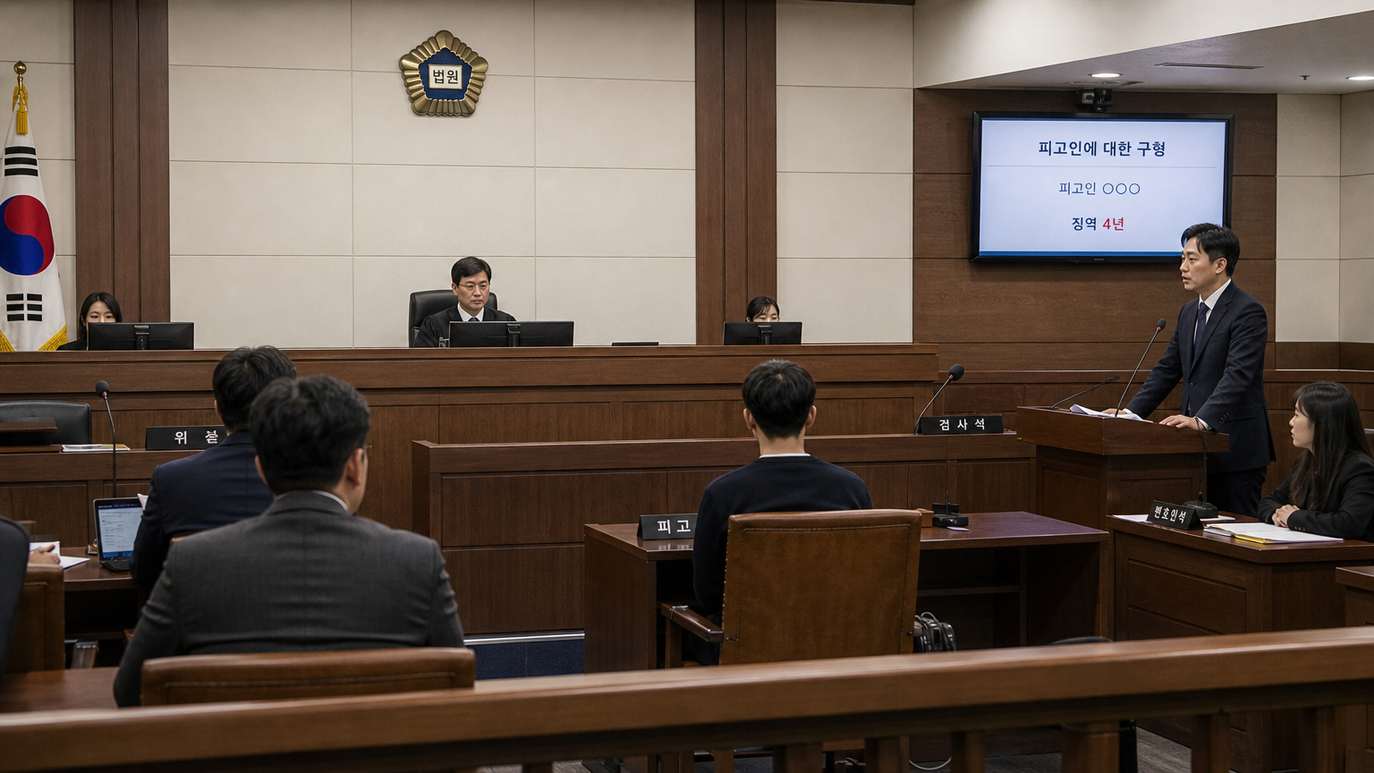 교통위반 재판 중 검사가 중형을 구형하는 한국 법정의 모습