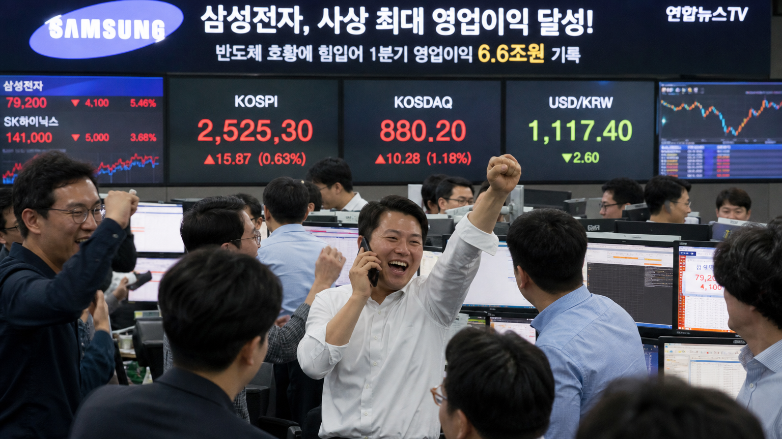 한국 증권 거래소에서 삼성의 실적 발표에 반응하는 트레이더들