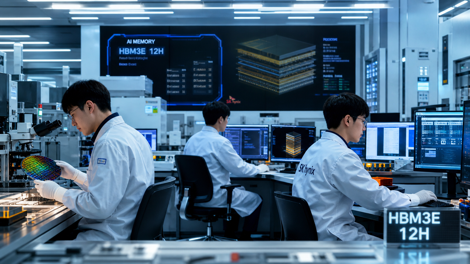AI 칩과 HBM 기술 개발 중인 첨단 반도체 연구실의 엔지니어들