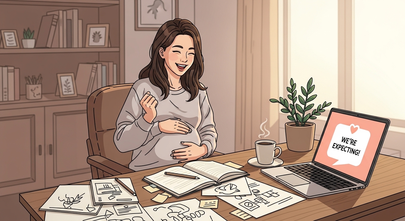 프리랜서 여성이 집에서 임신을 축하하는 모습
