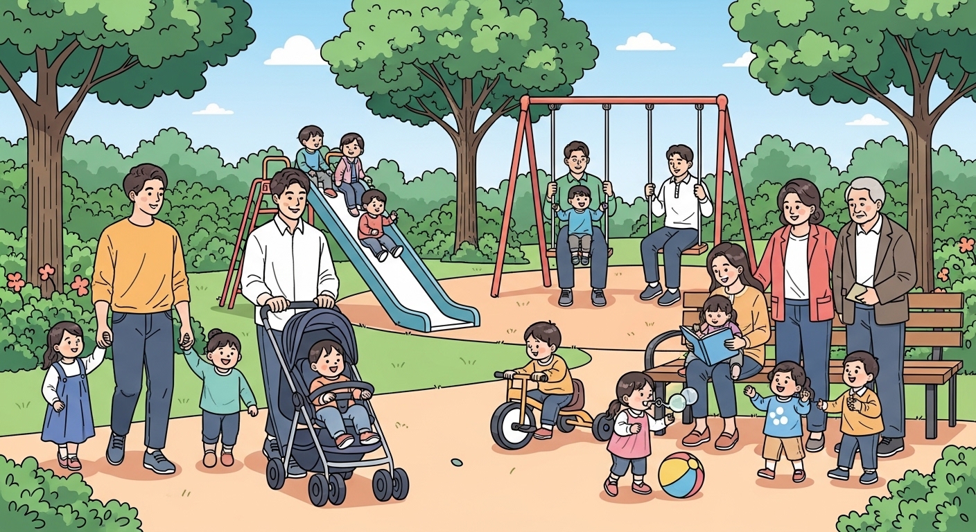 다양한 가족들이 공원에서 아이들과 함께 시간을 보내는 모습