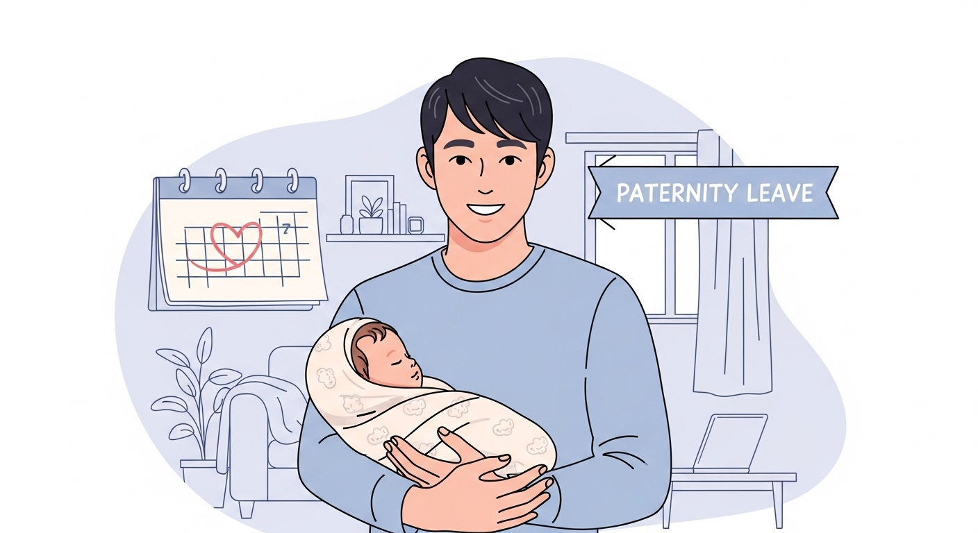 남성 프리랜서가 신생아를 안고 있는 행복한 모습