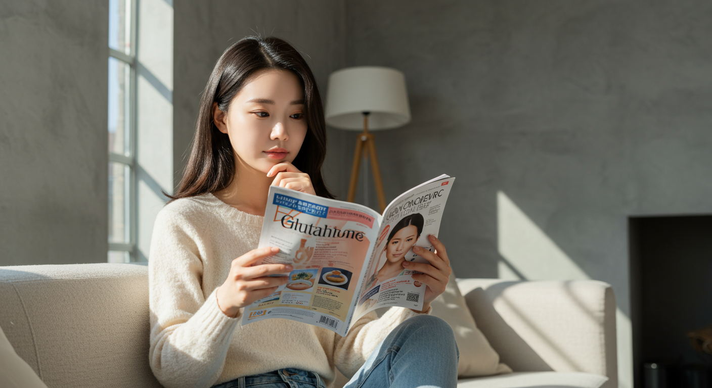젊은 여성이 현대적인 거실에서 글루타치온에 관한 잡지를 읽으며 생각하는 모습
