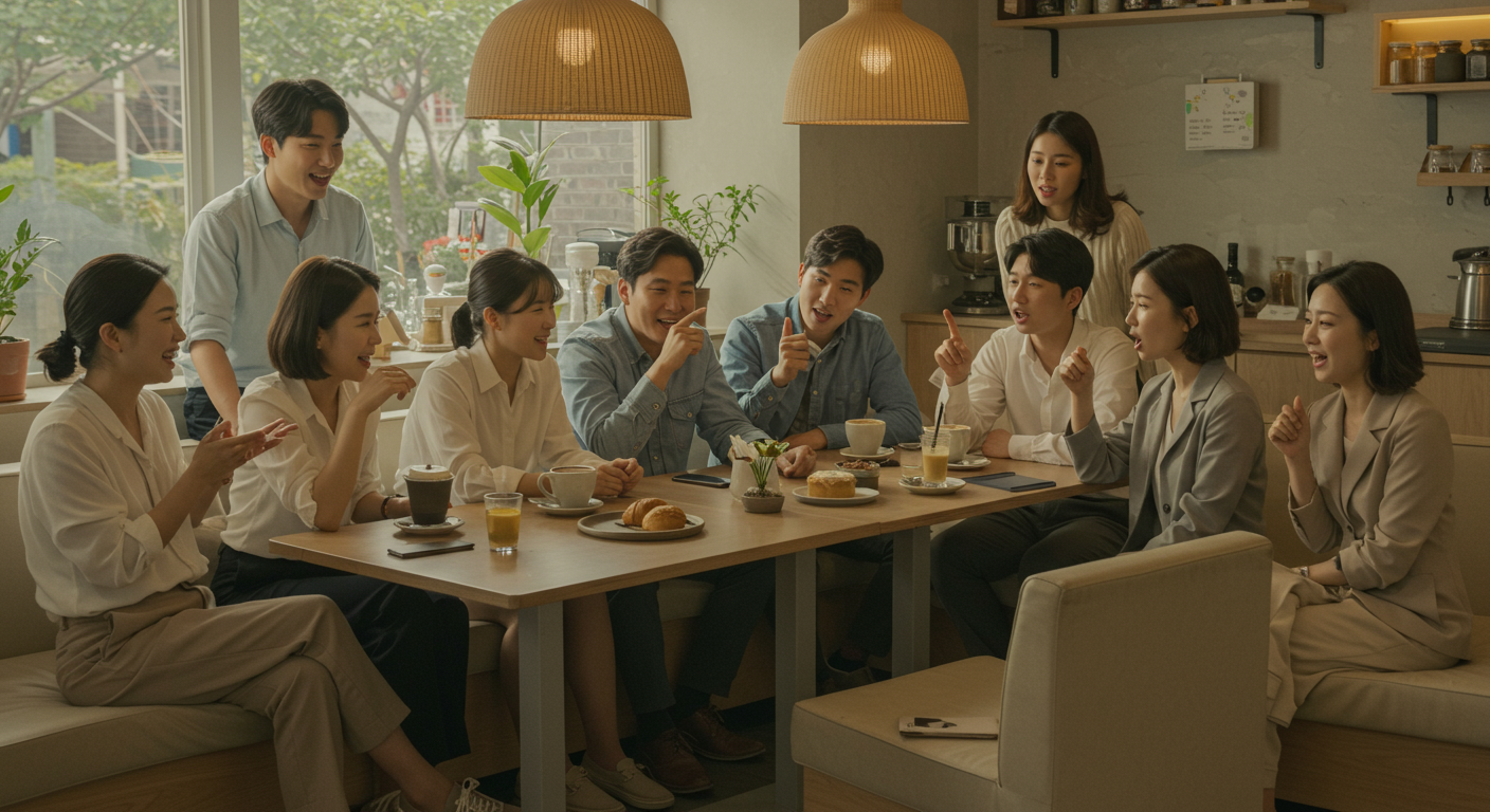 트렌디한 카페에서 다양한 한국인들이 글루타치온의 이점과 논란에 대해 활발히 토론하는 장면