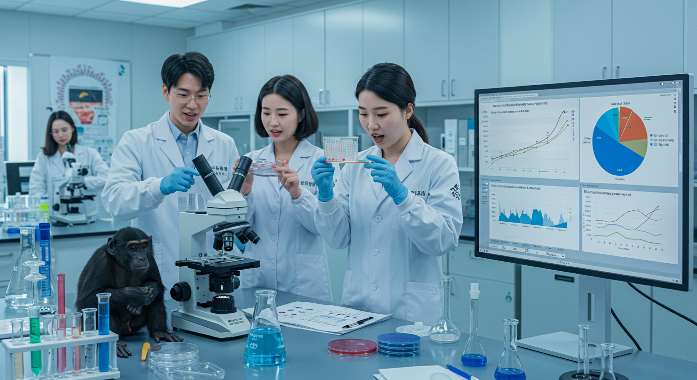 실험실에서 한국 과학자들이 블랙마카 샘플을 검사하며 정자 수 증가를 보여주는 데이터 차트를 확인하는 모습