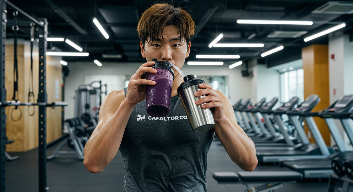 체육관 환경에서 운동 후 블랙마카 스무디를 마시는 한국 운동선수