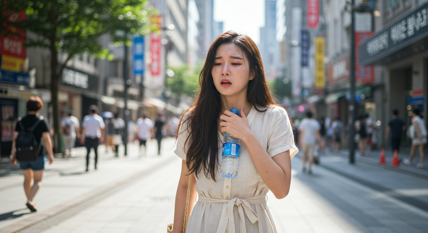여름철 도심 거리에서 갑작스러운 더위로 지친 현대 여성