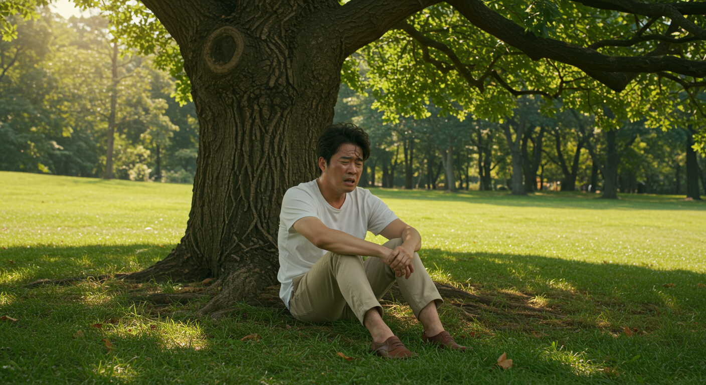 공원 나무 아래 앉아 어지럽고 피곤해 보이는 남성