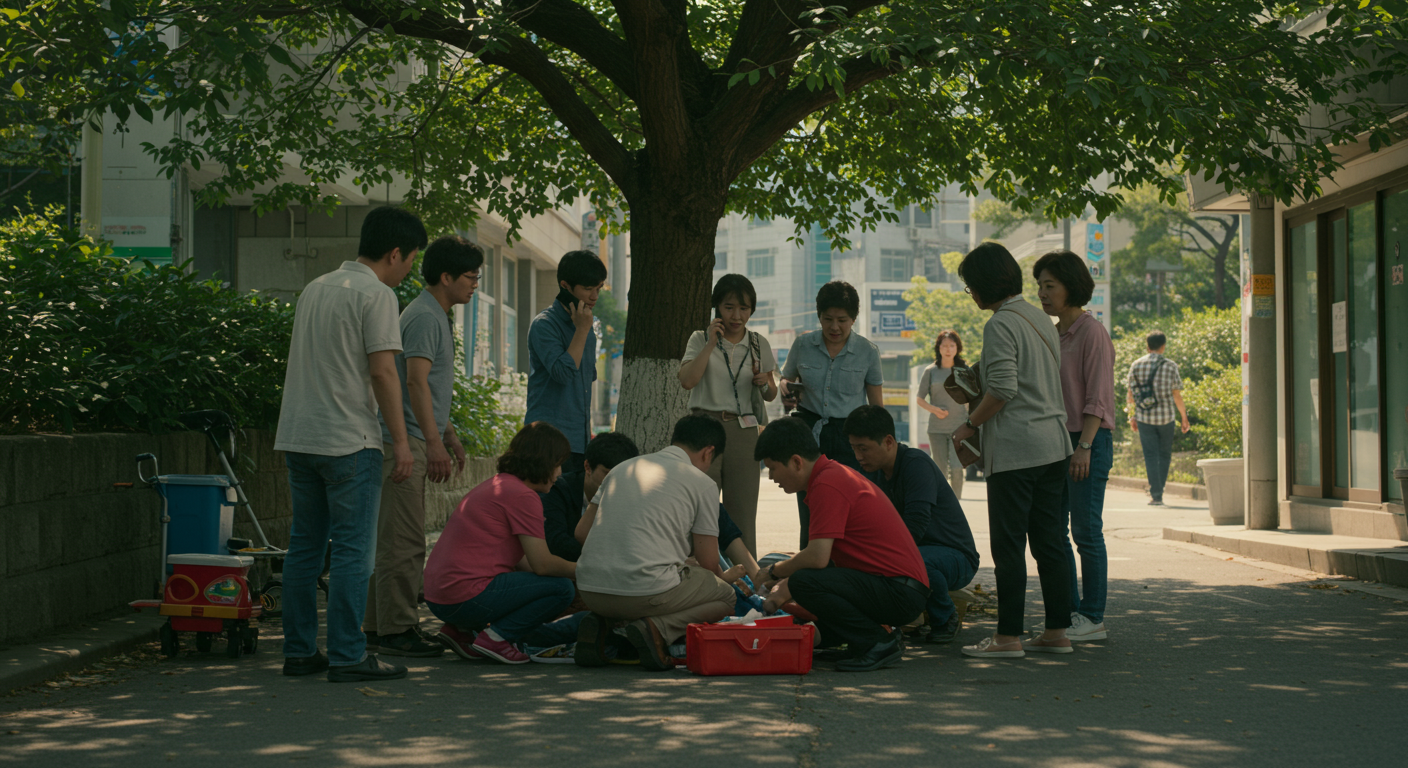 도심 그늘진 곳에서 실신한 사람에게 응급조치를 하는 시민들