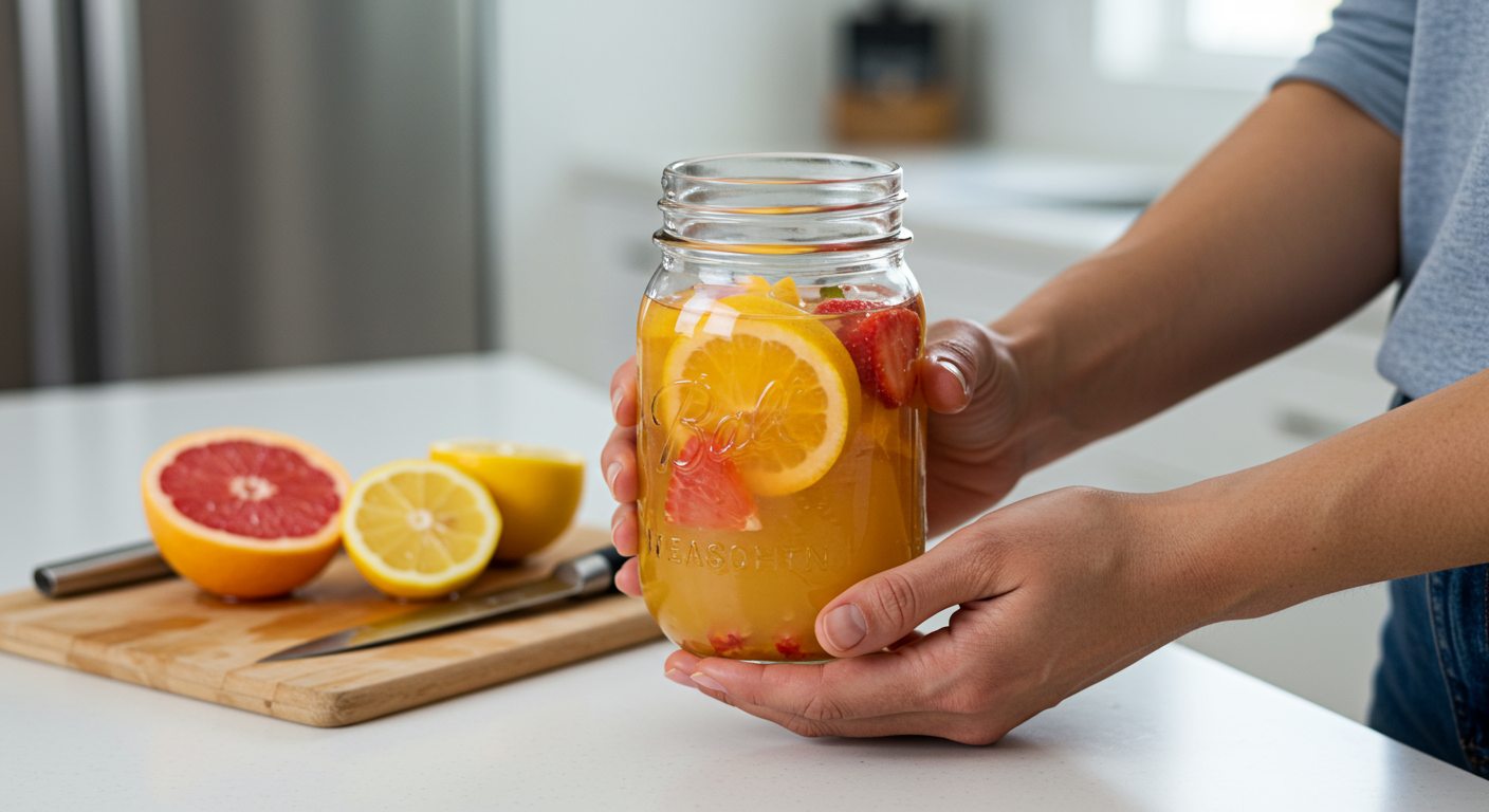 주방 카운터 위에서 과일이 들어간 홈메이드 이온 음료를 들고 있는 손