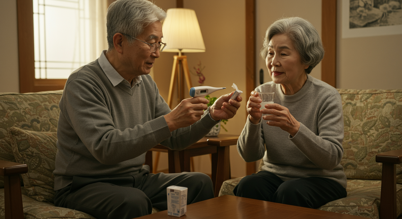 집 안에서 디지털 체온계로 체온 측정하며 이온 음료를 마시는 노부부