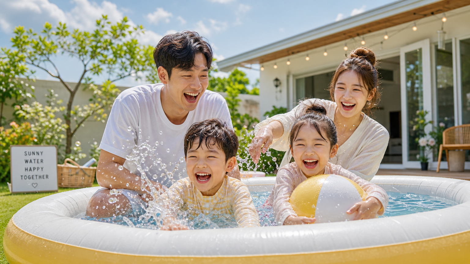 가족이 뒷마당 풀장에서 즐겁게 노는 장면