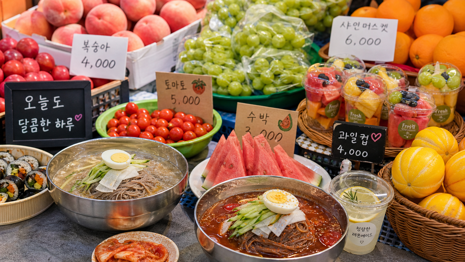 시장에 진열된 신선한 제철 과일과 냉면들
