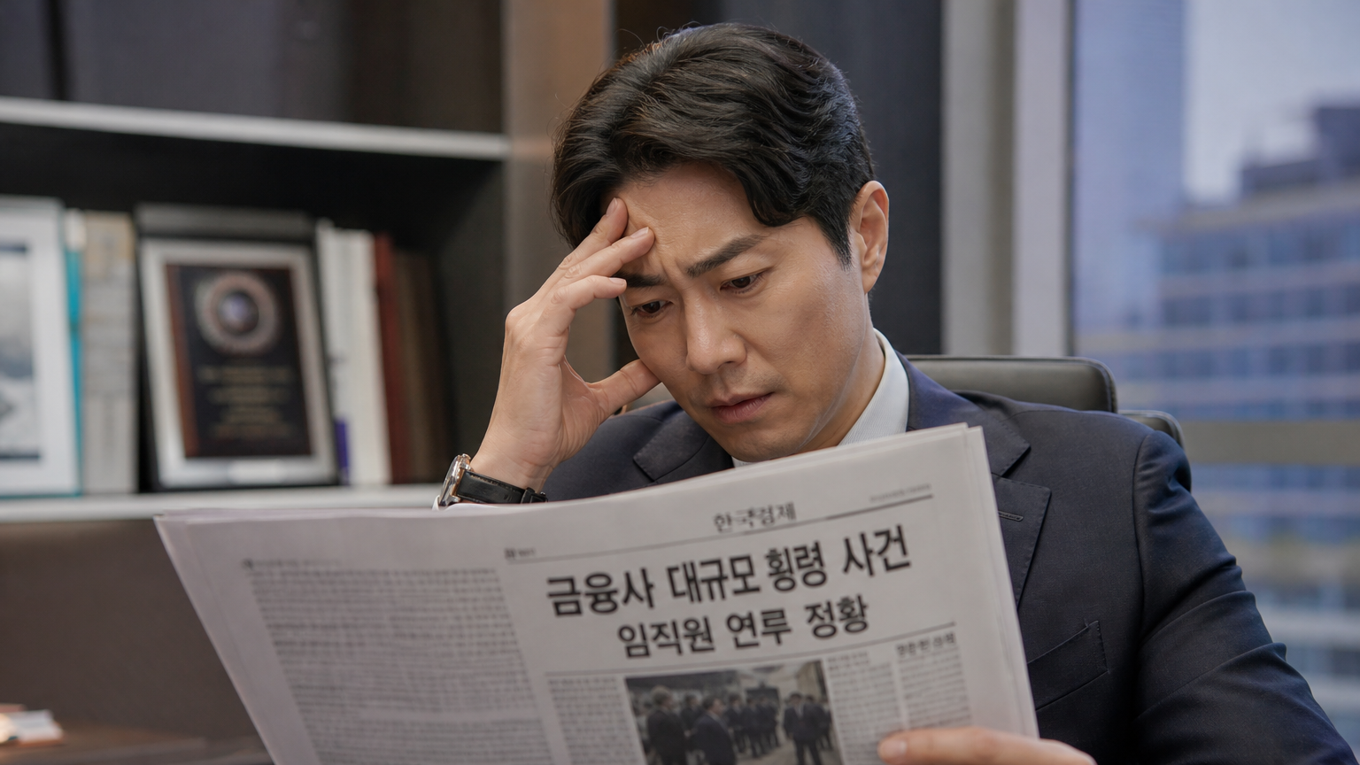 한 배우가 사무실에서 신문을 읽으며 걱정하는 모습
