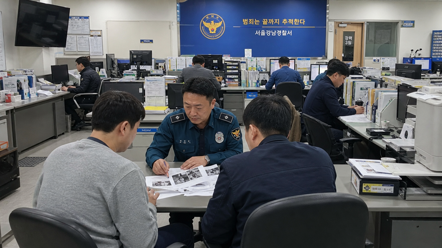 경찰관들이 사건 관련 자료를 검토하고 있는 경찰서 내부 모습