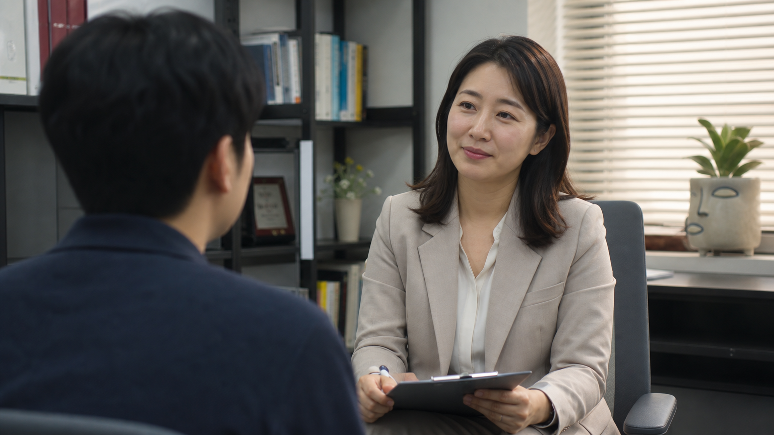 한국 심리학자가 사무실 환경에서 젊은 성인과 상담하는 장면