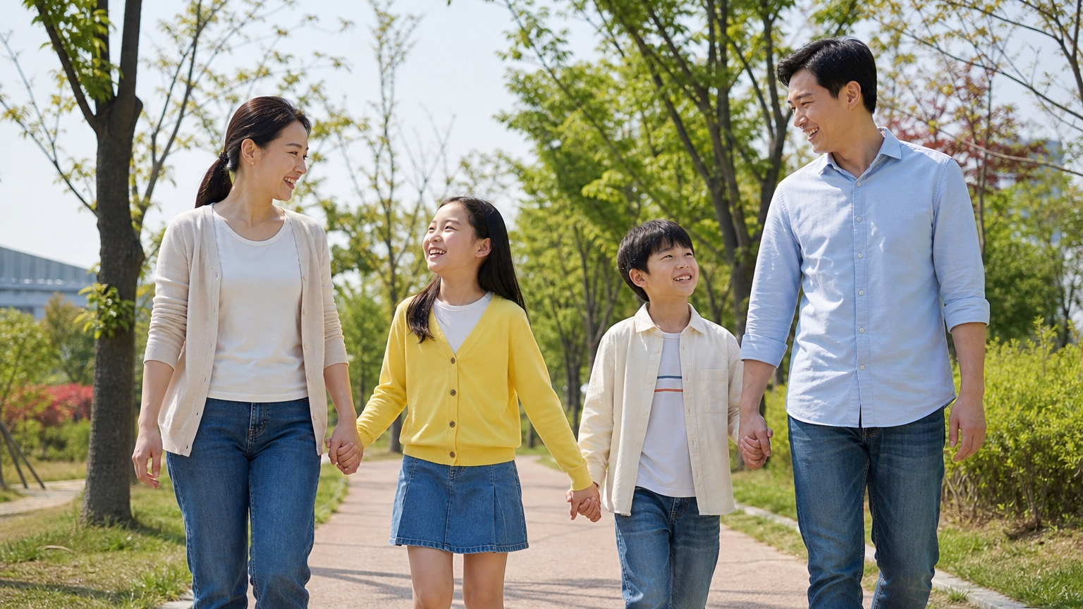 공원에서 화창한 날씨 속에 야외 활동을 즐기는 한국 가족의 모습