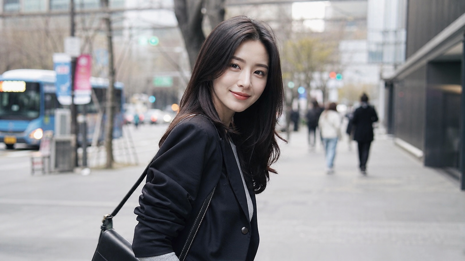 현대적인 스타일로 도심 속 세련된 패션을 연출하는 여배우