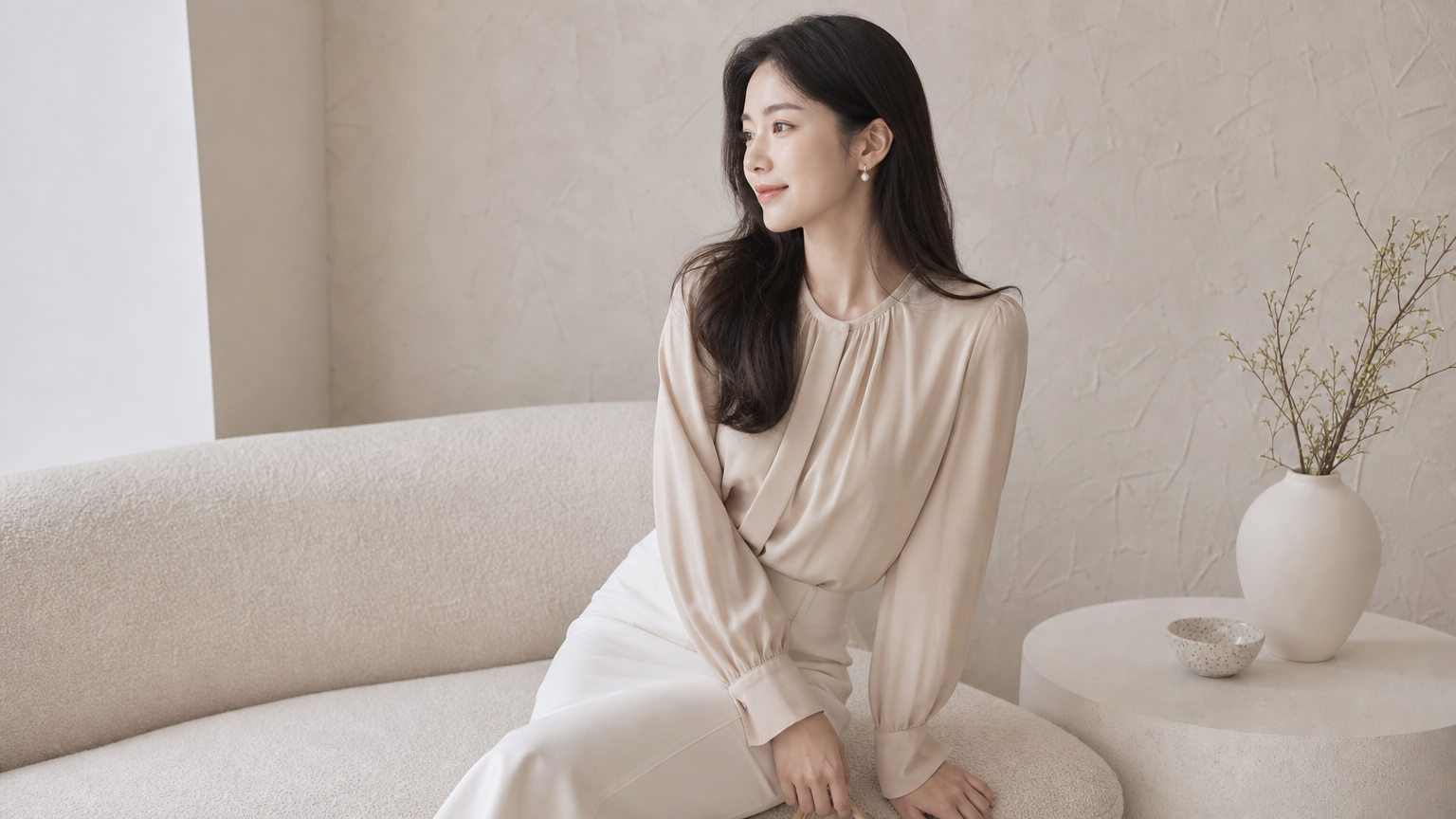 베이지와 아이보리 톤의 의상을 입고 차분한 실내 공간에 있는 여성