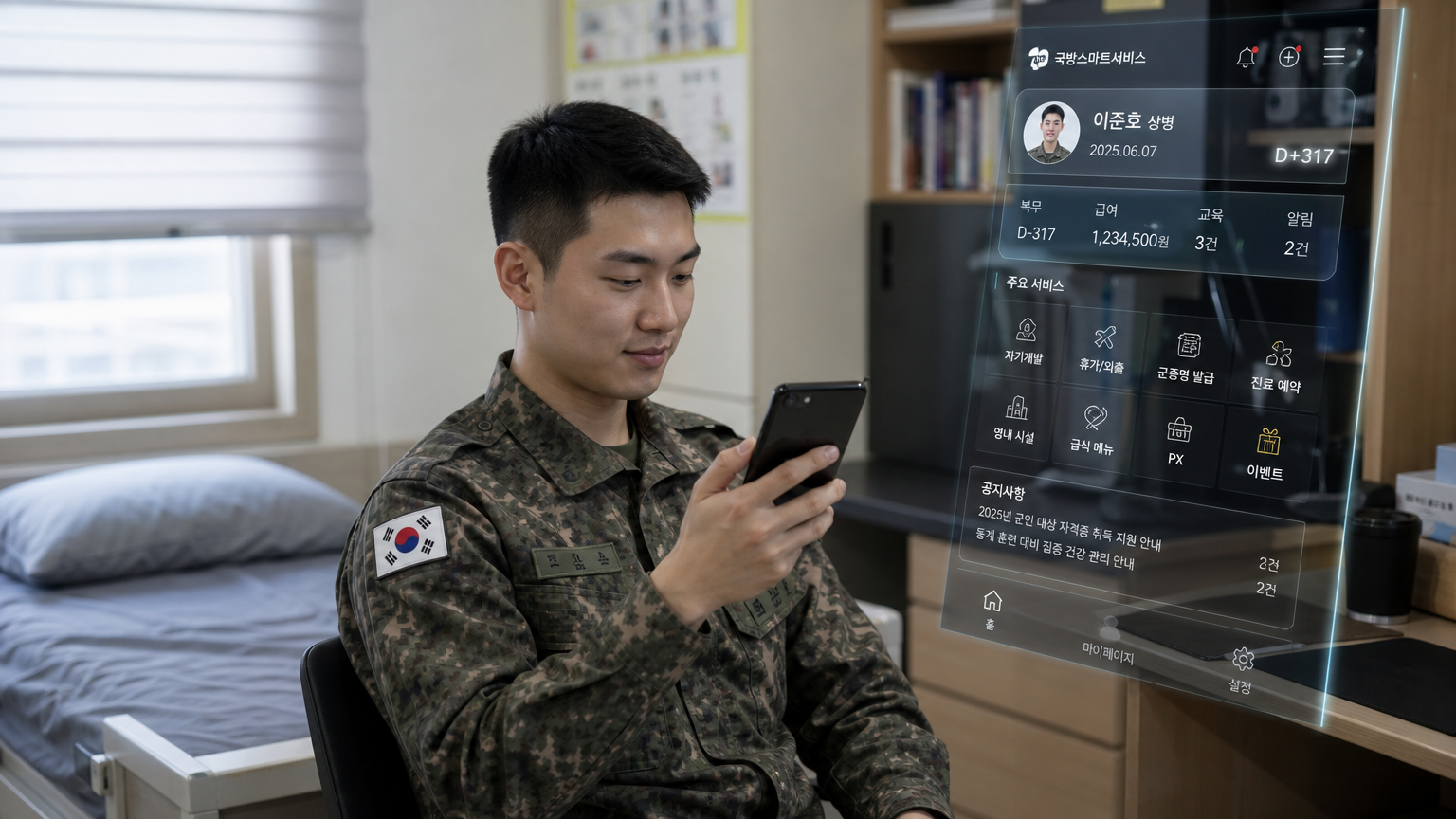 편안한 군부대 생활관에서 스마트폰 앱을 사용하는 현대적인 한국 병사의 모습