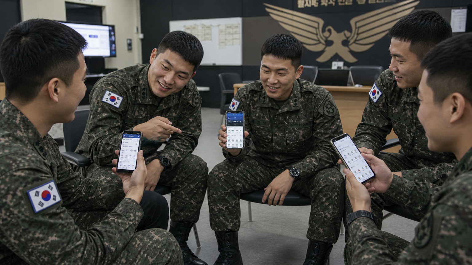 스마트폰을 통해 통합 앱 서비스를 이용하는 한국 군인들이 모여 있는 현대적 군사 환경