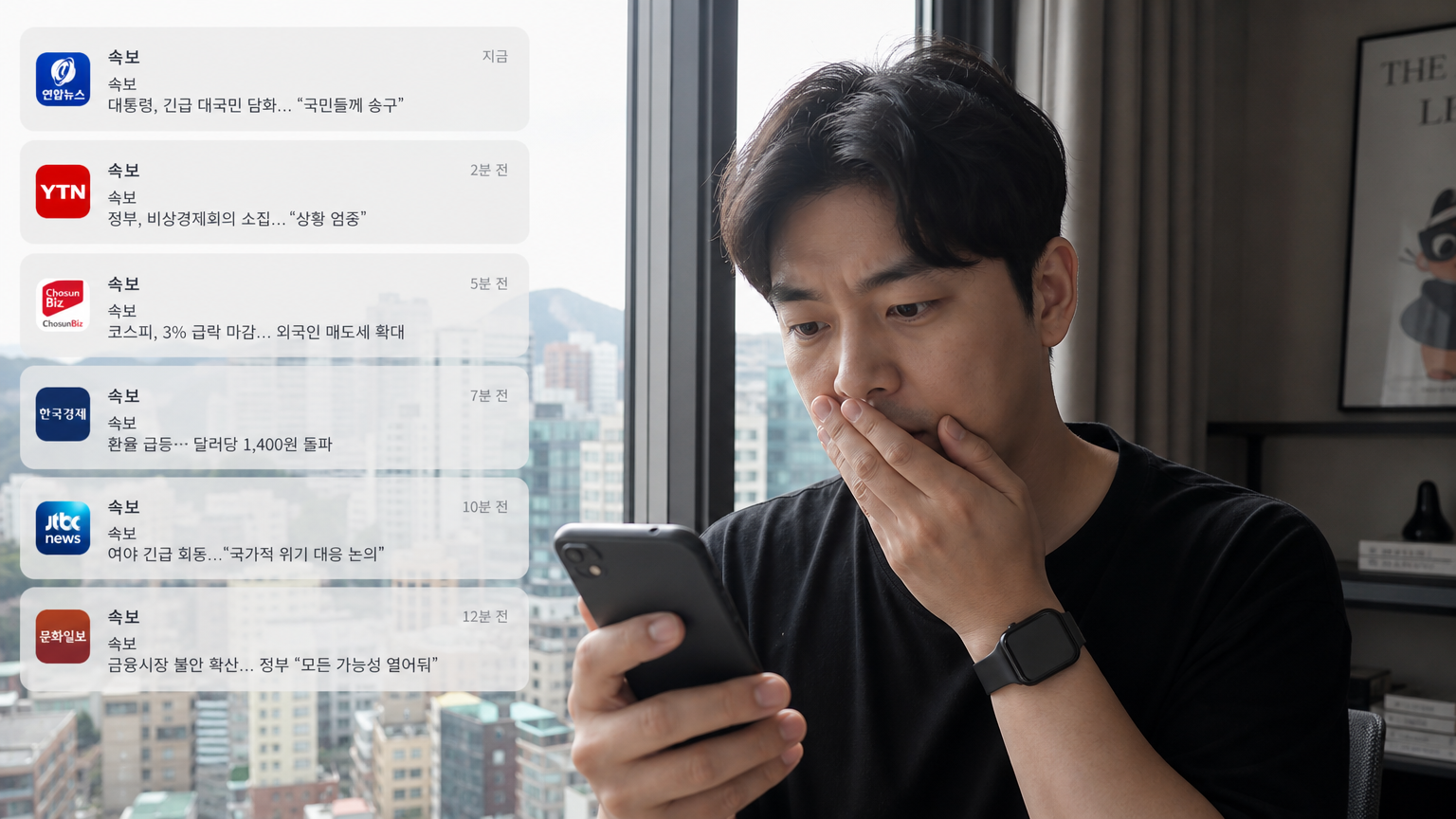 현대적인 한국 남성이 스마트폰으로 넘쳐나는 뉴스 알림을 확인하는 모습