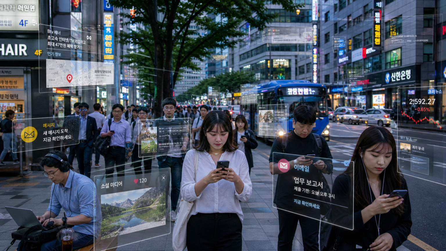 서울 거리에서 다양한 사람들이 스마트폰과 노트북을 사용하며 디지털 정보에 압도당하는 장면
