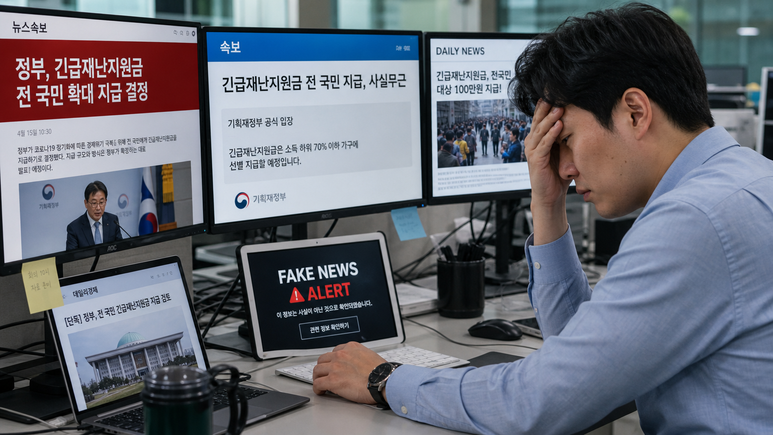 여러 화면에서 상충되는 뉴스 헤드라인과 가짜 뉴스 경고를 보는 스트레스 받는 한국 직장인의 모습