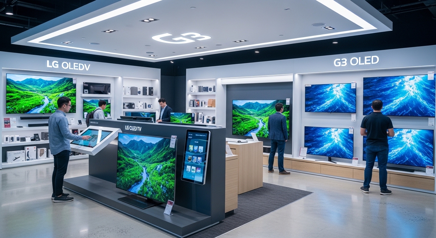 현대 전자 매장에서 고객들이 LG OLED TV를 살펴보는 모습