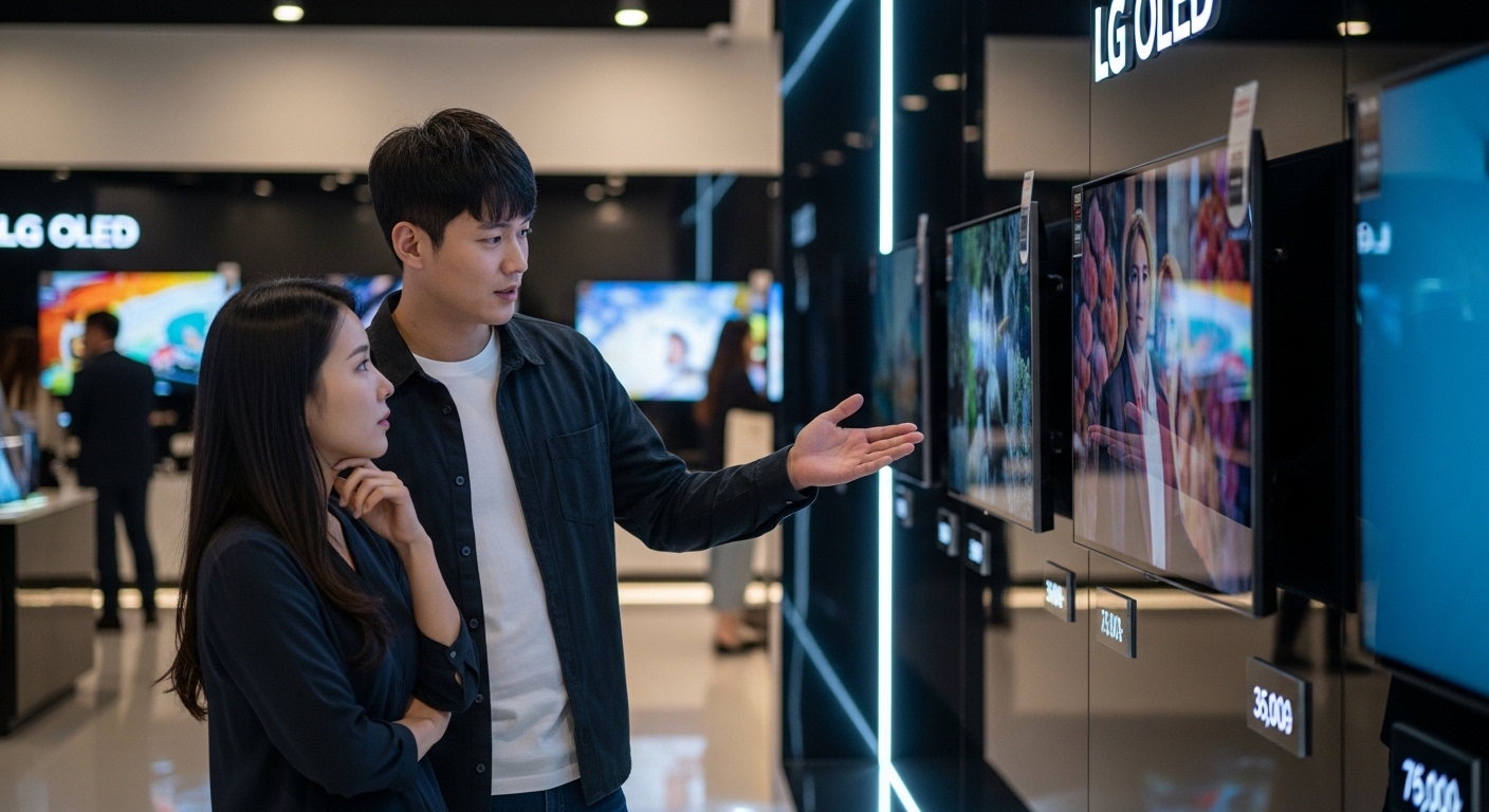 젊은 커플이 다양한 가격대의 LG OLED TV 앞에서 구매 옵션을 논의하는 장면
