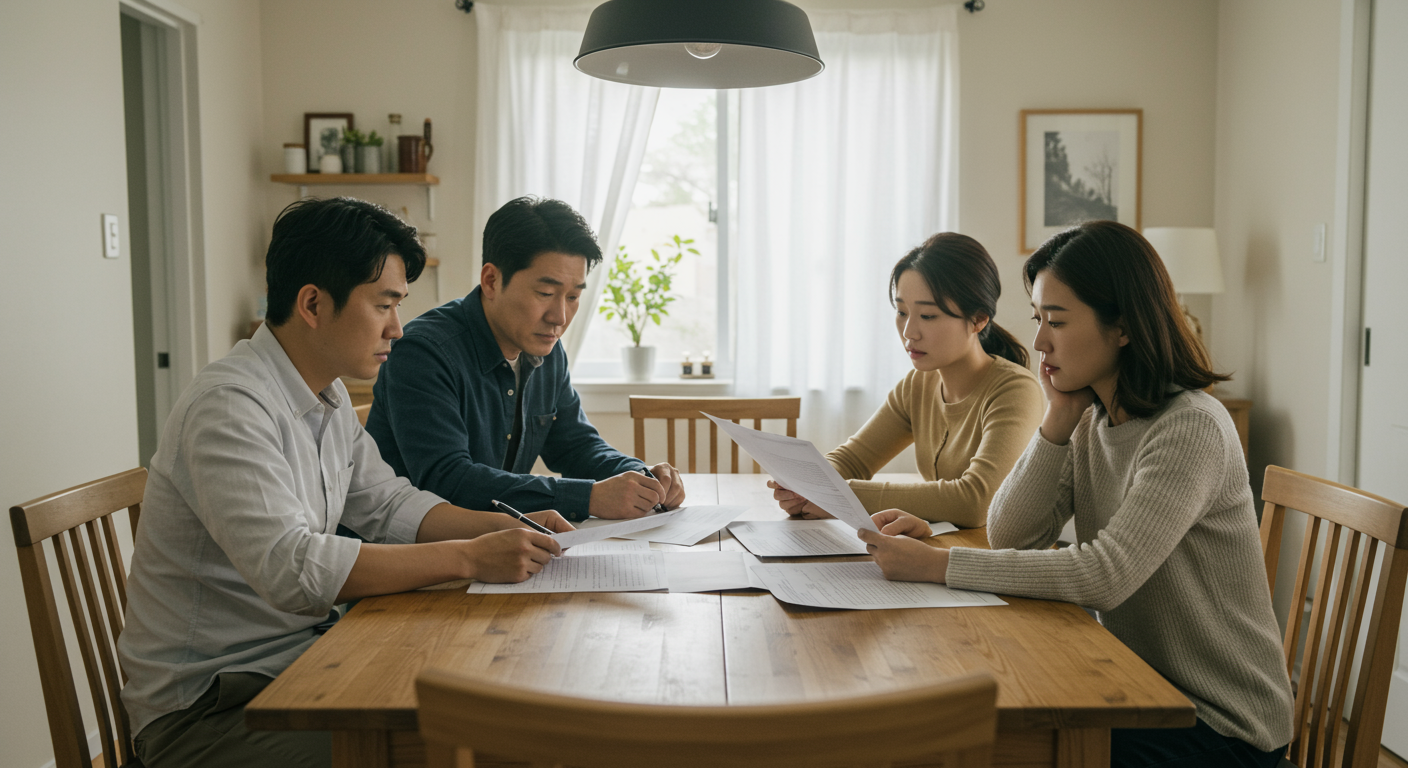 현대 한국 가족이 경제 위기 속에서 지원금을 검토하는 모습
