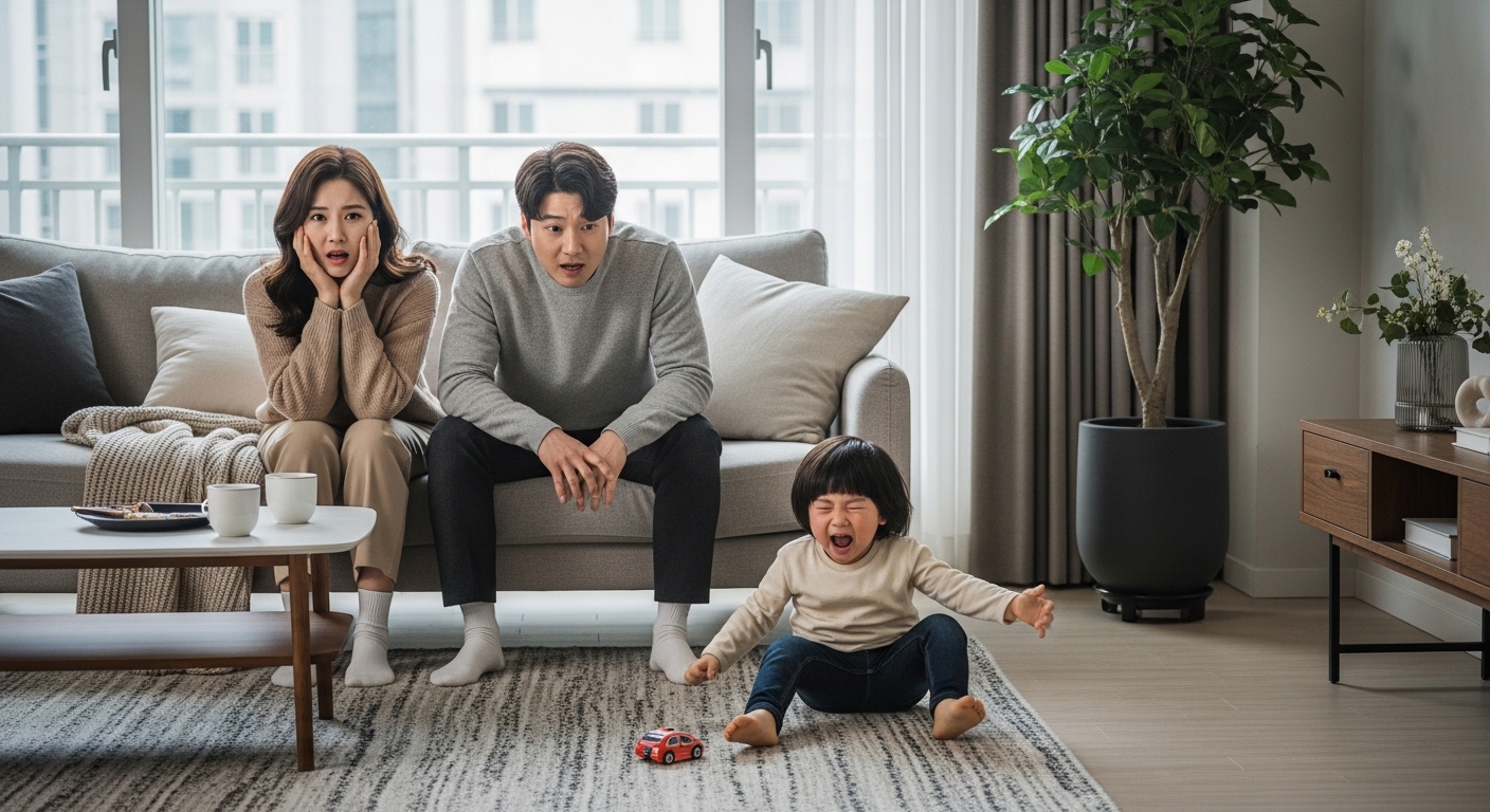 현대적인 거실에서 자녀의 떼쓰는 모습을 보고 당황하는 부모의 모습