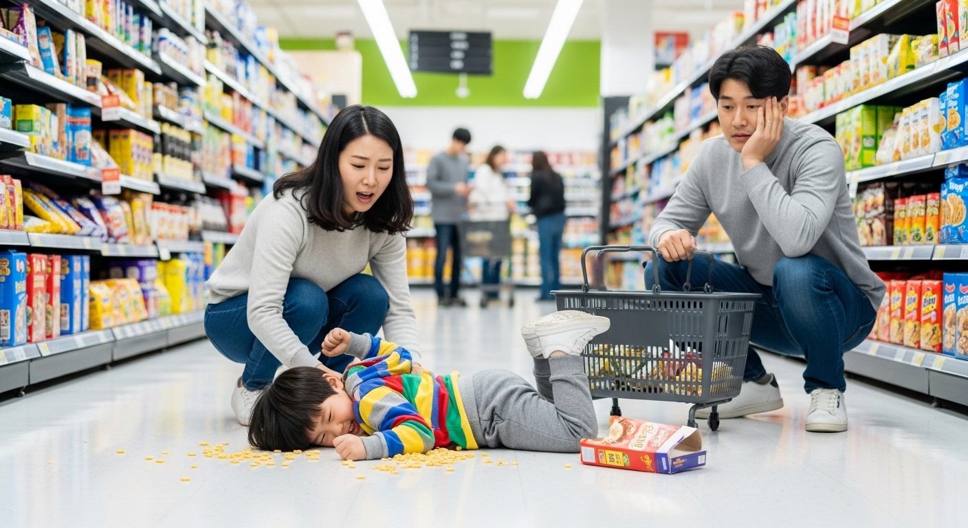 슈퍼마켓 바닥에 드러누운 아이와 당황한 부모의 일상적인 육아 상황