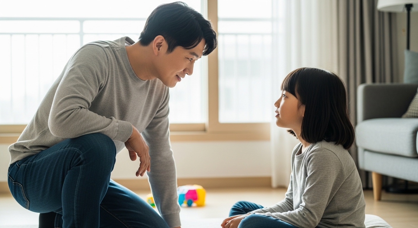 가정에서 무릎을 꿇고 아이와 눈높이를 맞추며 대화하는 모습