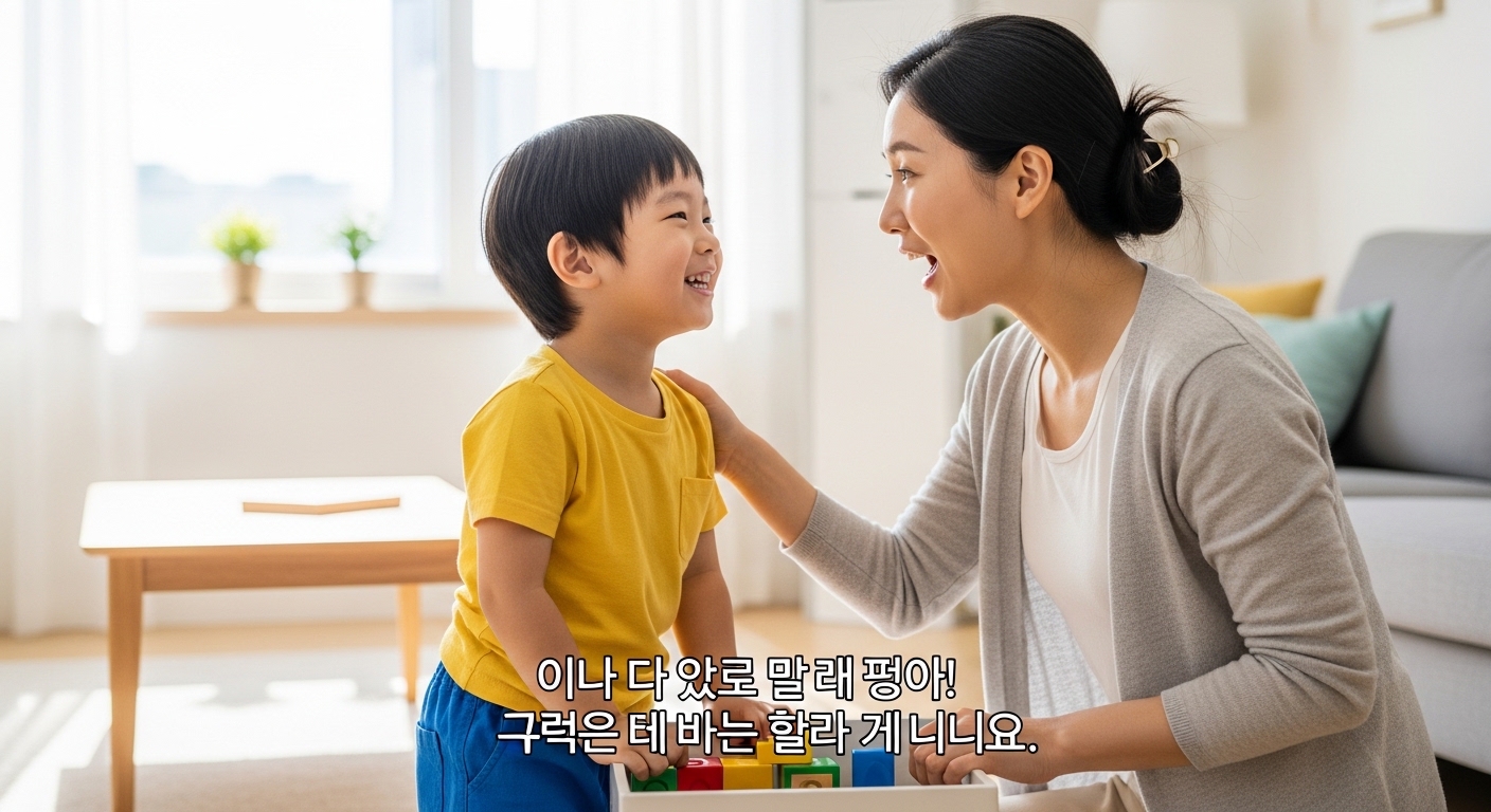 집에서 장난감을 정리한 후 구체적으로 칭찬받으며 웃음 짓는 아이