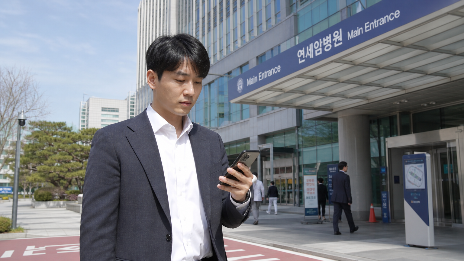 도시 병원 입구에서 스마트폰으로 병원 지도를 보는 현대적인 한국 직장인의 모습