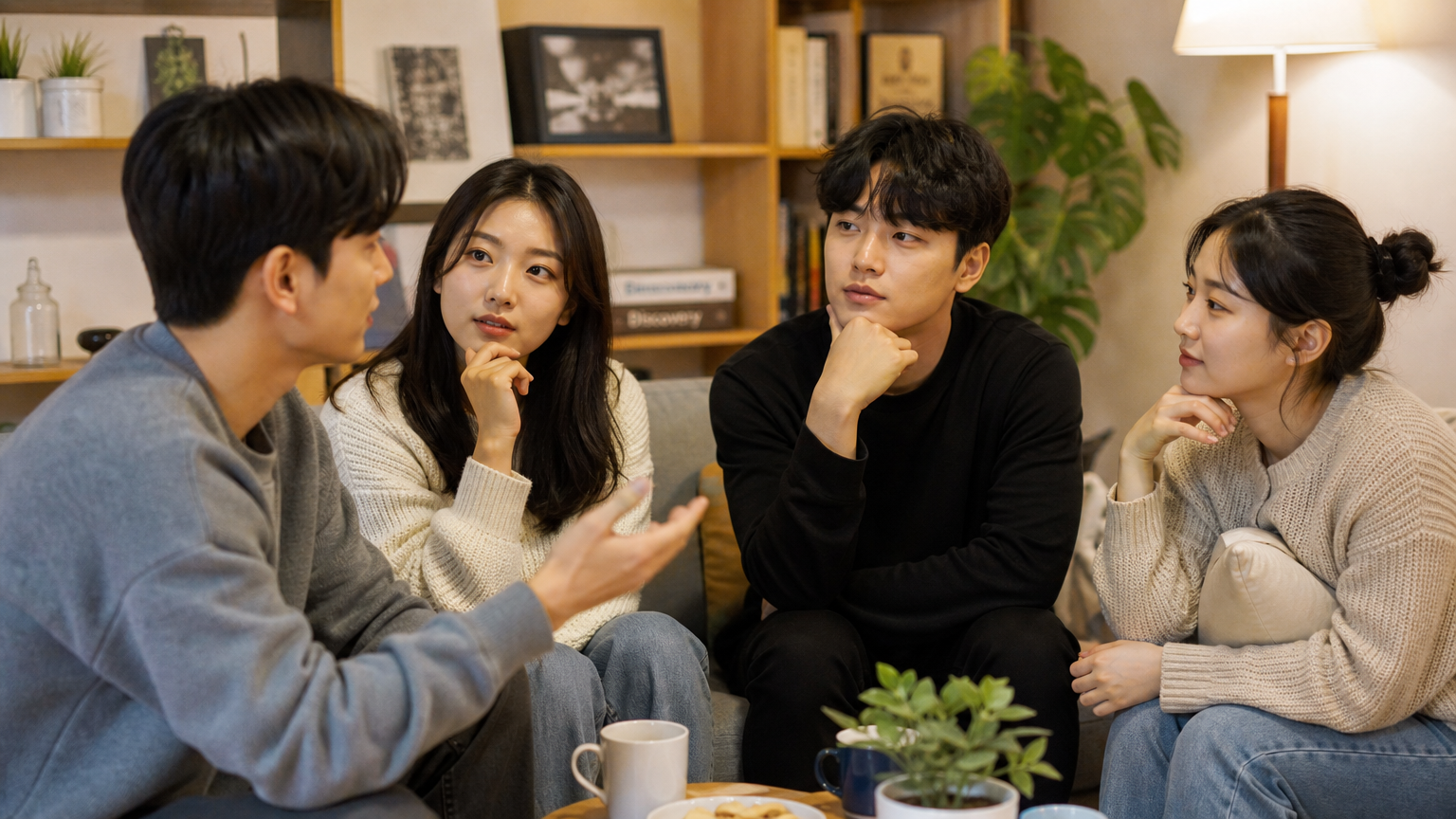 사랑을 궁금해하는 젊은이들이 거실에서 따뜻하게 대화하는 모습