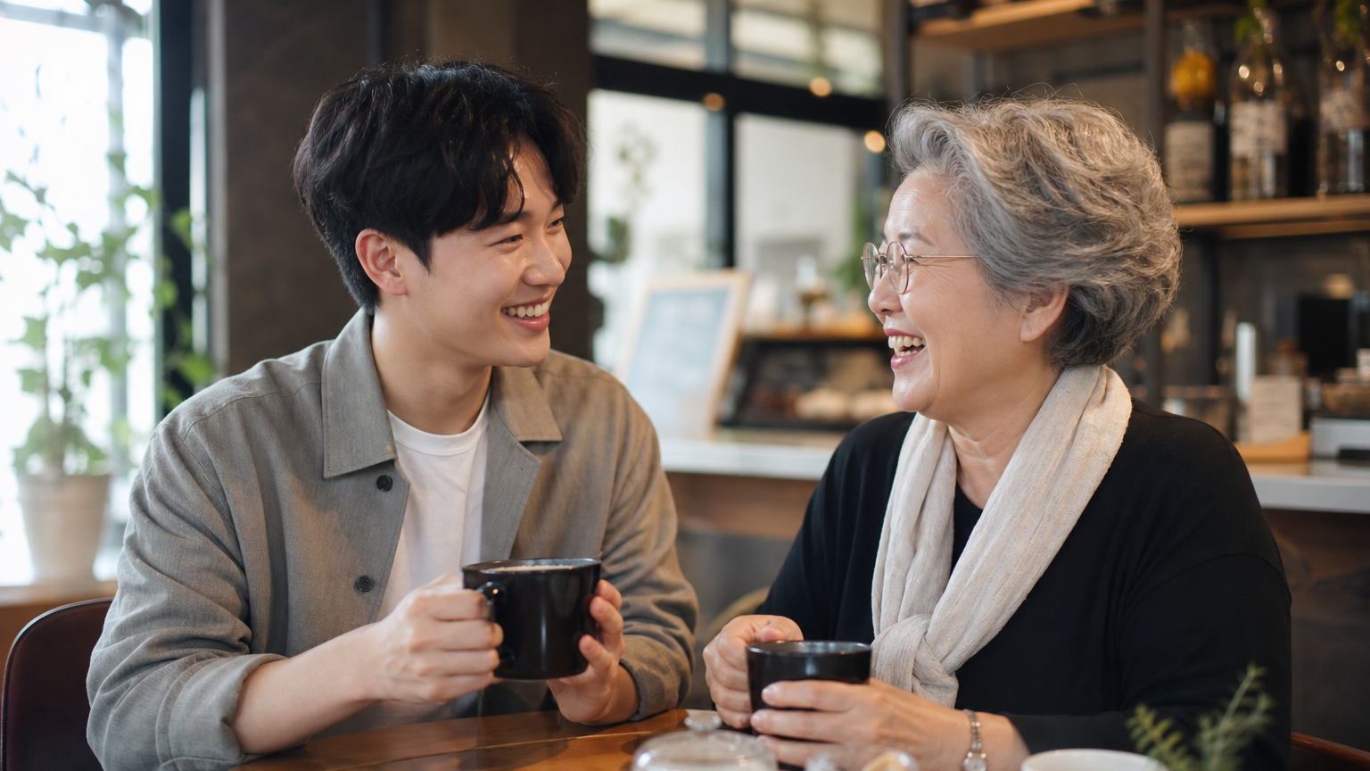 카페에서 나이가 많은 여성과 즐겁게 대화하는 젊은 남성