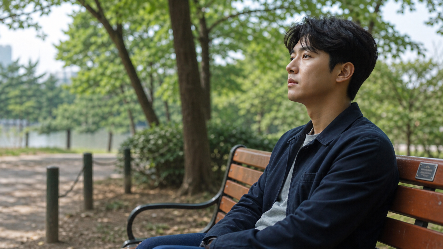 공원 벤치에 앉아 지난 관계를 회상하는 남성의 사색적인 모습
