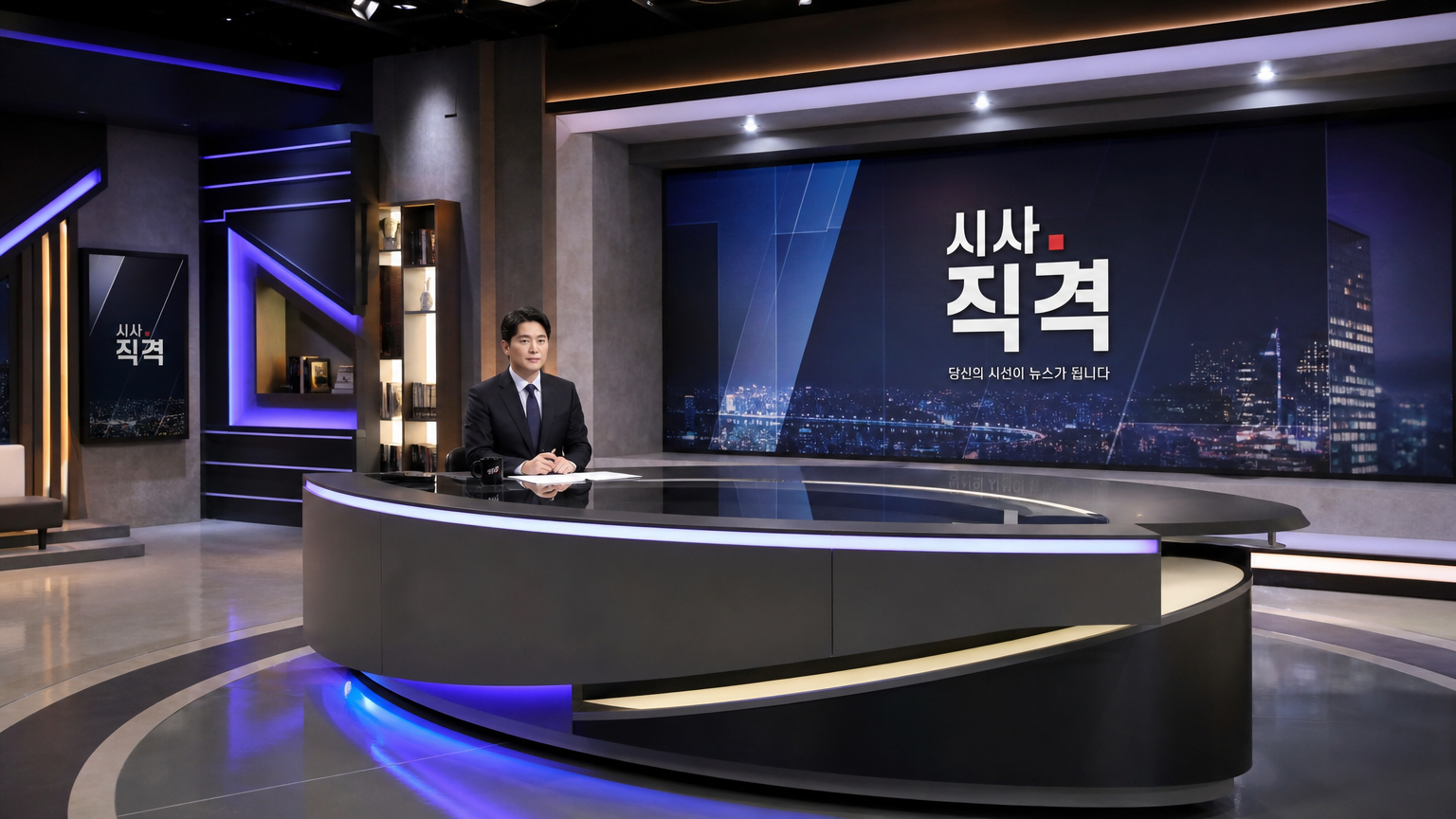 현대적인 조명과 세련된 디자인이 돋보이는 한국 시사 프로그램의 스튜디오