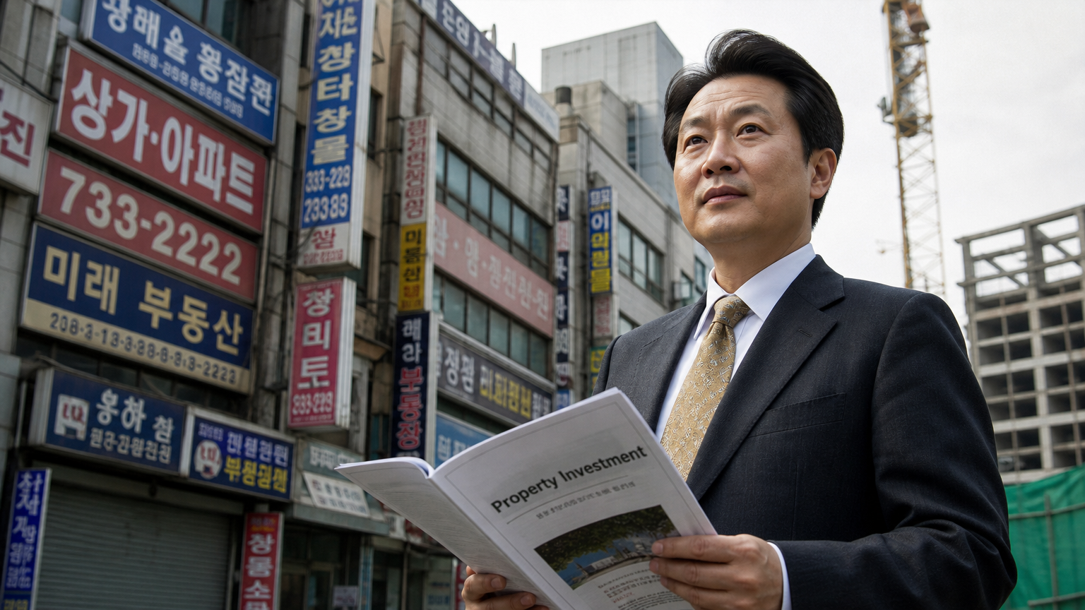 경제 위기 속에서 자신감 있는 모습으로 부동산 투자를 검토하는 한국인 사업가