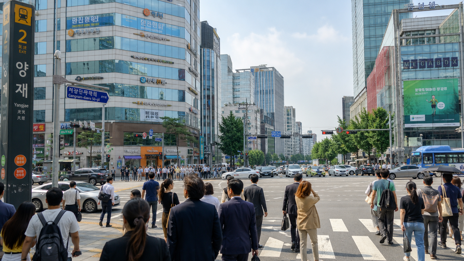 양재역 근처 교차로와 상업용 건물이 보이는 활발한 거리 모습