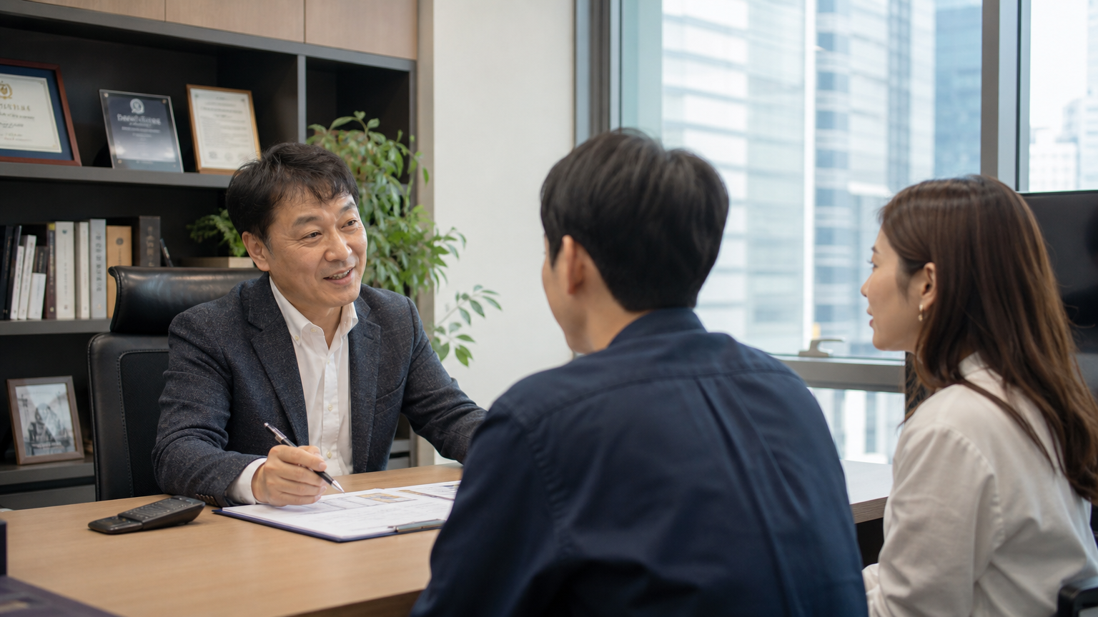 현대적인 사무실에서 세입자들과 친근하게 대화하는 한국인 건물주의 모습