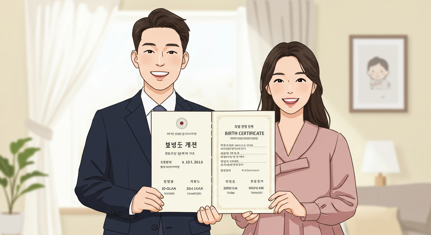 아이의 탄생을 증명하는 중요한 서류를 들고 있는 부모의 모습
