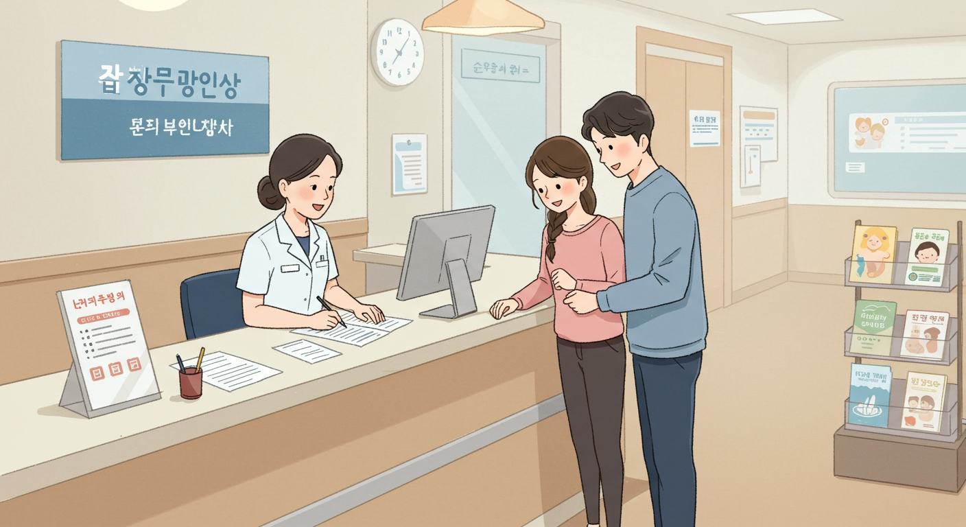 병원 접수처에서 출생증명서를 신청하는 부모와 직원